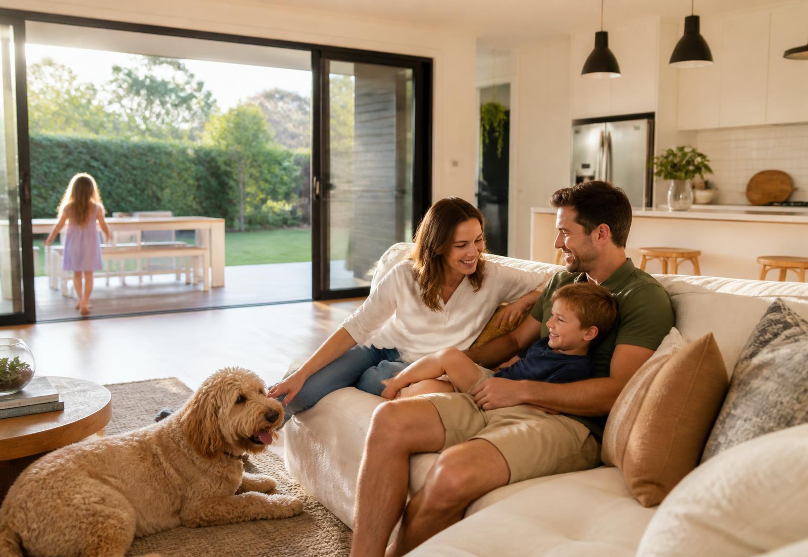 Family relaxing in an open plan living room with screened sliding doors open to the garden