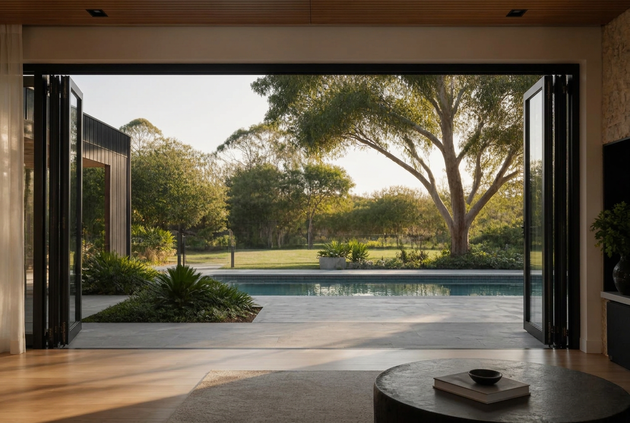 Retractable screen across a wide bifold opening, retracted to reveal the garden view