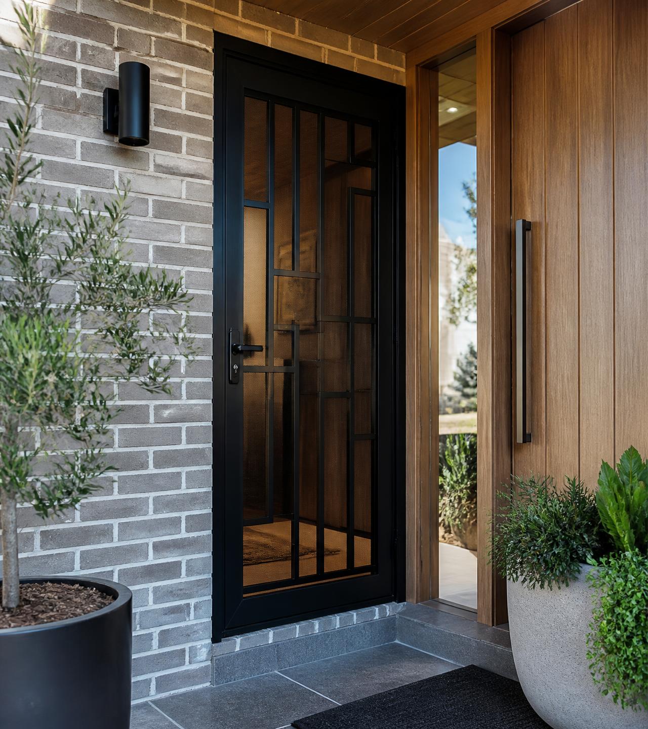 Custom black security screen door installed on a Melbourne home entrance